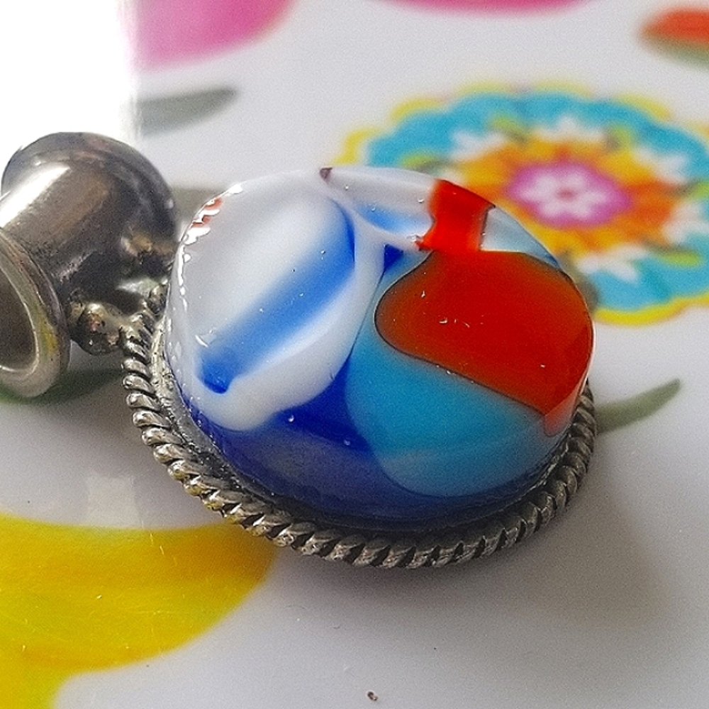 Vintage Art Glass Pendant In THICKSterling Sillver Setting Red Blue Orange White